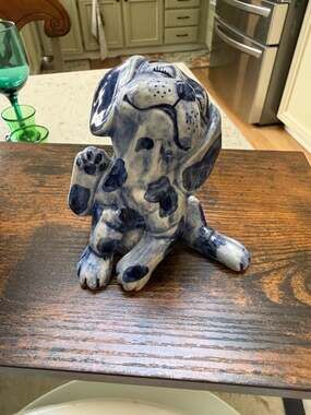 Delft Blue Holland Ceramic Porcelain Sitting Puppy Dog Figurine Blue and White